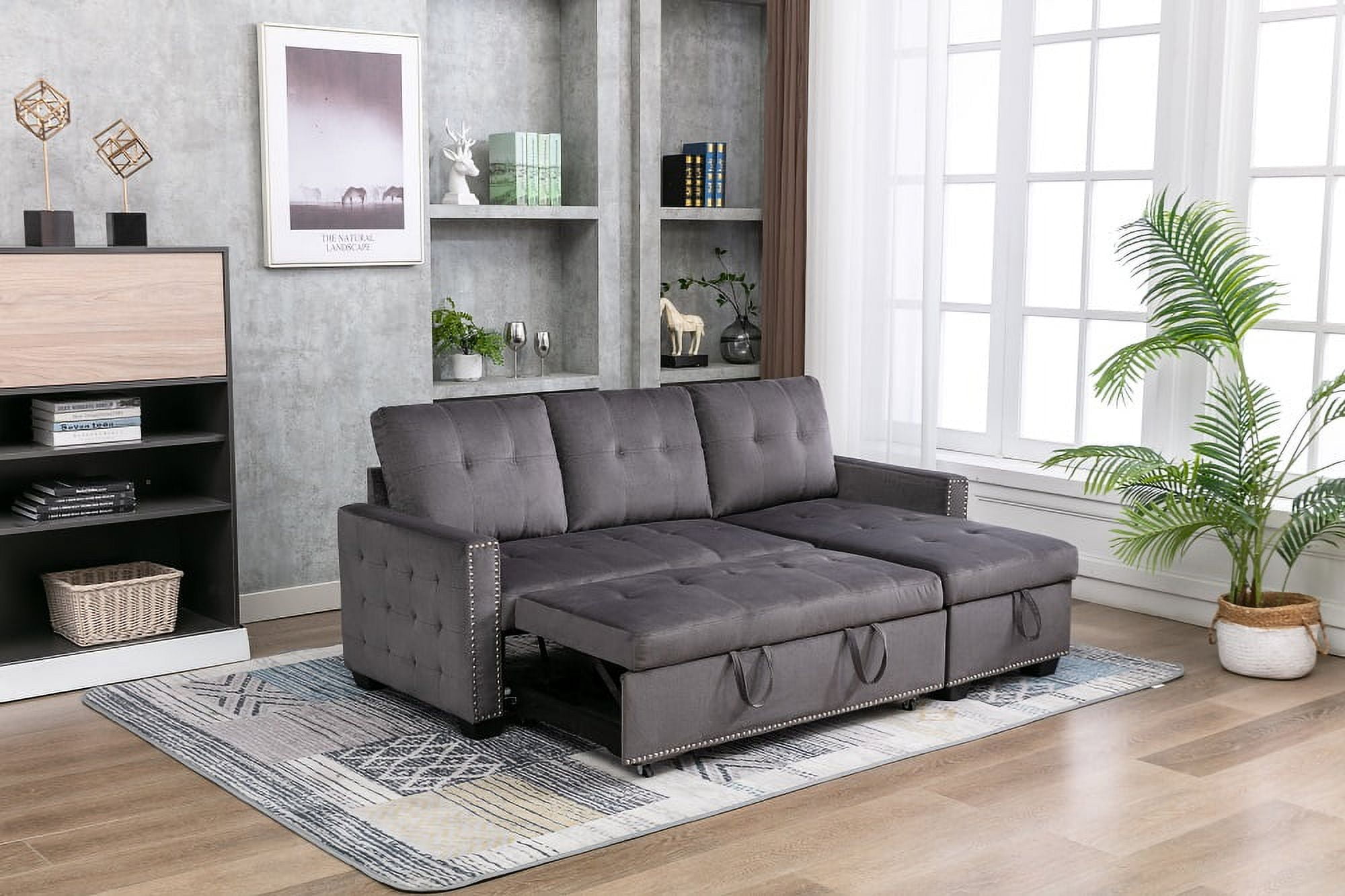 77 Inch Reversible Sectional Storage Sleeper Sofa Bed , LShape 2 Seat