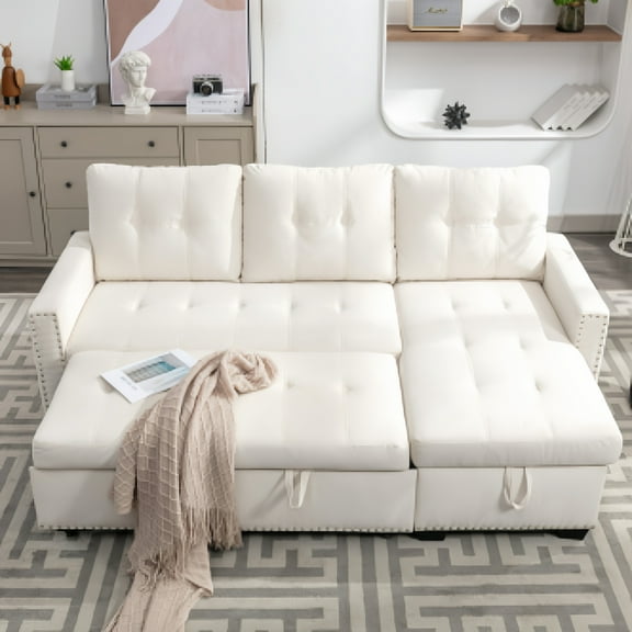 77 Inch Reversible Sectional Storage Sleeper Sofa Bed , L-Shape 2 Seat Sectional Chaise With Storage , Skin-Feeling Velvet Fabric ,Beige Color For Living Room Furniture