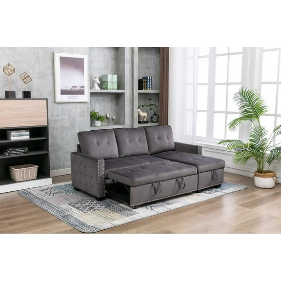 77 Inch Reversible Sectional Storage Sleeper Sofa Bed , L-Shape 2 Seat Sectional Chaise With Storage , Skin-Feeling Velvet Fabric ,Dark Grey Color For Living Room Furniture