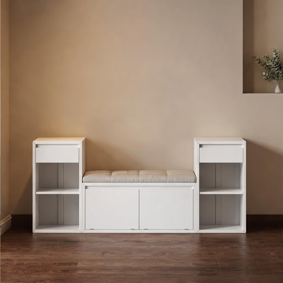 77-Inch Wide All-In-One Entryway Storage Bench, Modern Farmhouse Solid Pine Soft White