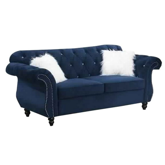 77 Inches Nailhead Trim Velvet Loveseat with Crystal Tufting, Blue- Saltoro Sherpi