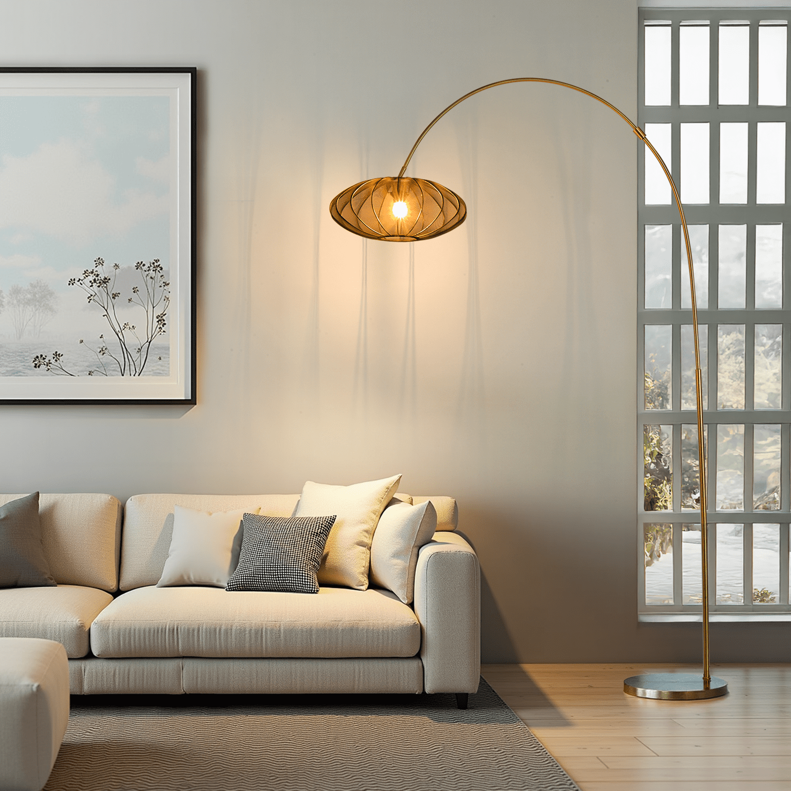77" Large Arc Floor Lamp With Black Mesh Fabric Shade, Modern Curved Overhanging Standing Lamp With Antique Gold, Foot Switch, E26 Socket, Cozy Ambient Glow, Weighted Base