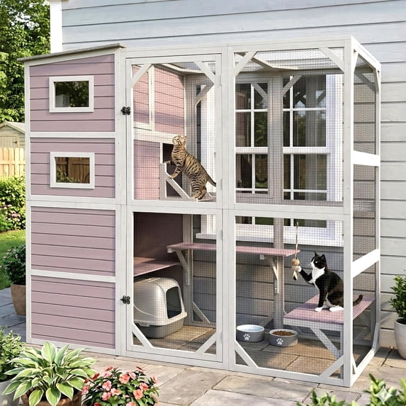 77" Large Catio Outdoor Cat Enclosure, 4 Tiers Cat House for Outdoor Indoor with Weatherproof Roof, 3 Resting Rooms, 3 Platforms, 5 Windows, Gray