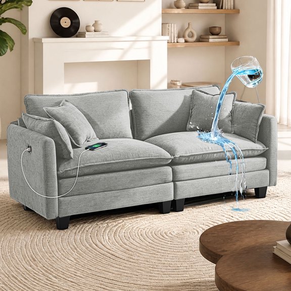 77" Loveseat Sofa, Modern Sectional Sofa, Waterproof Fabric, USB, 2-Seat Cloud Couch, Light Gray