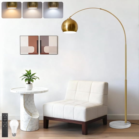 77" Modern Arc Floor Lamp with Remote, Gold Standing Lamp for Living Room Bedroom Office, 3 Color Temperatures and Brightness Adjustable, Antique Brass Finish with LED Bulb Included