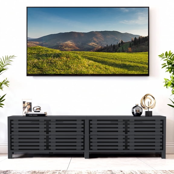 77" Modern Black TV Stand for TVs up to 88", Extra-Wide Media Console with Louvered Storage Cabinets, Living Room & Bedroom Furniture