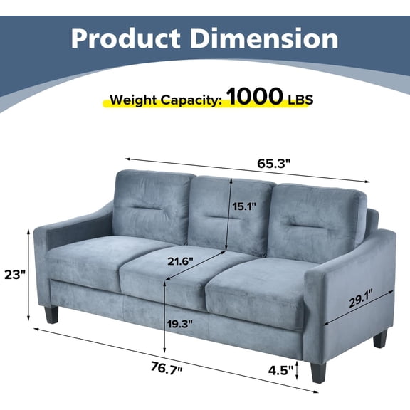 77 Modern Style Button Velvet Upholstered 3- Sofa -Blue