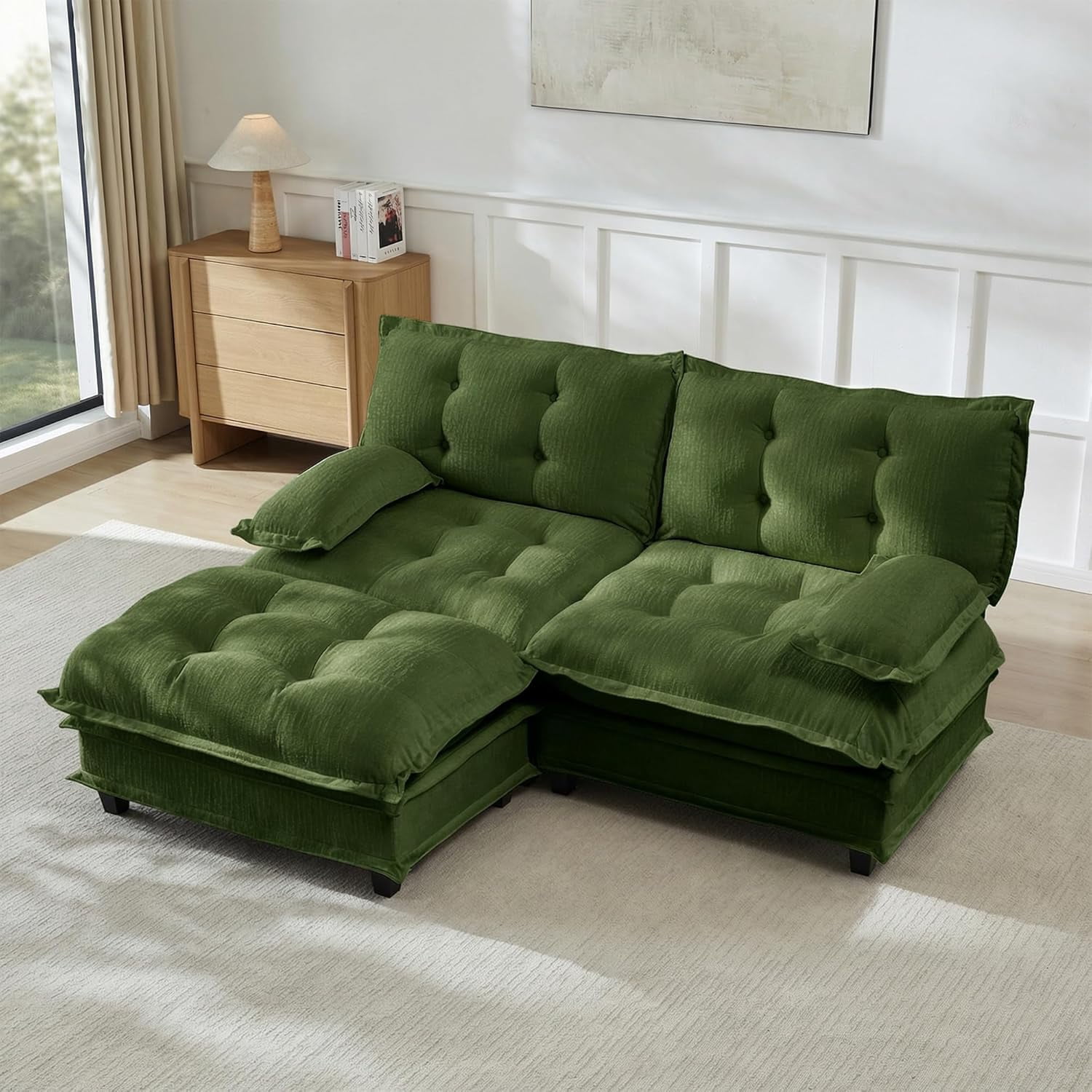 77'' Modular Sectional Sofa, Chenille Loveseat with Ottoman, Modern L Shaped Couch, Comfy Chaise Lounge, Tufted Back Couches, Pillow Arms, for Small Spaces, Living Room, Green