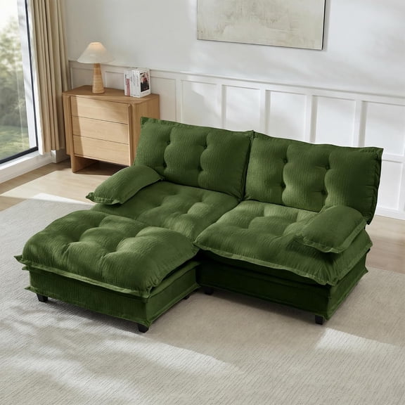 77'' Modular Sectional Sofa, Chenille Loveseat with Ottoman, Modern L Shaped Couch, Comfy Chaise Lounge, Tufted Back Couches, Pillow Arms, for Small Spaces, Living Room, Green