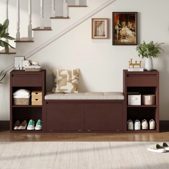 77" Multi-Zone Storage End of bed Bench, Window Bench Resilient Foam Cushion, Hallway Bench Reinforced Wood Frame for mudroom lounge entry space, Espresso
