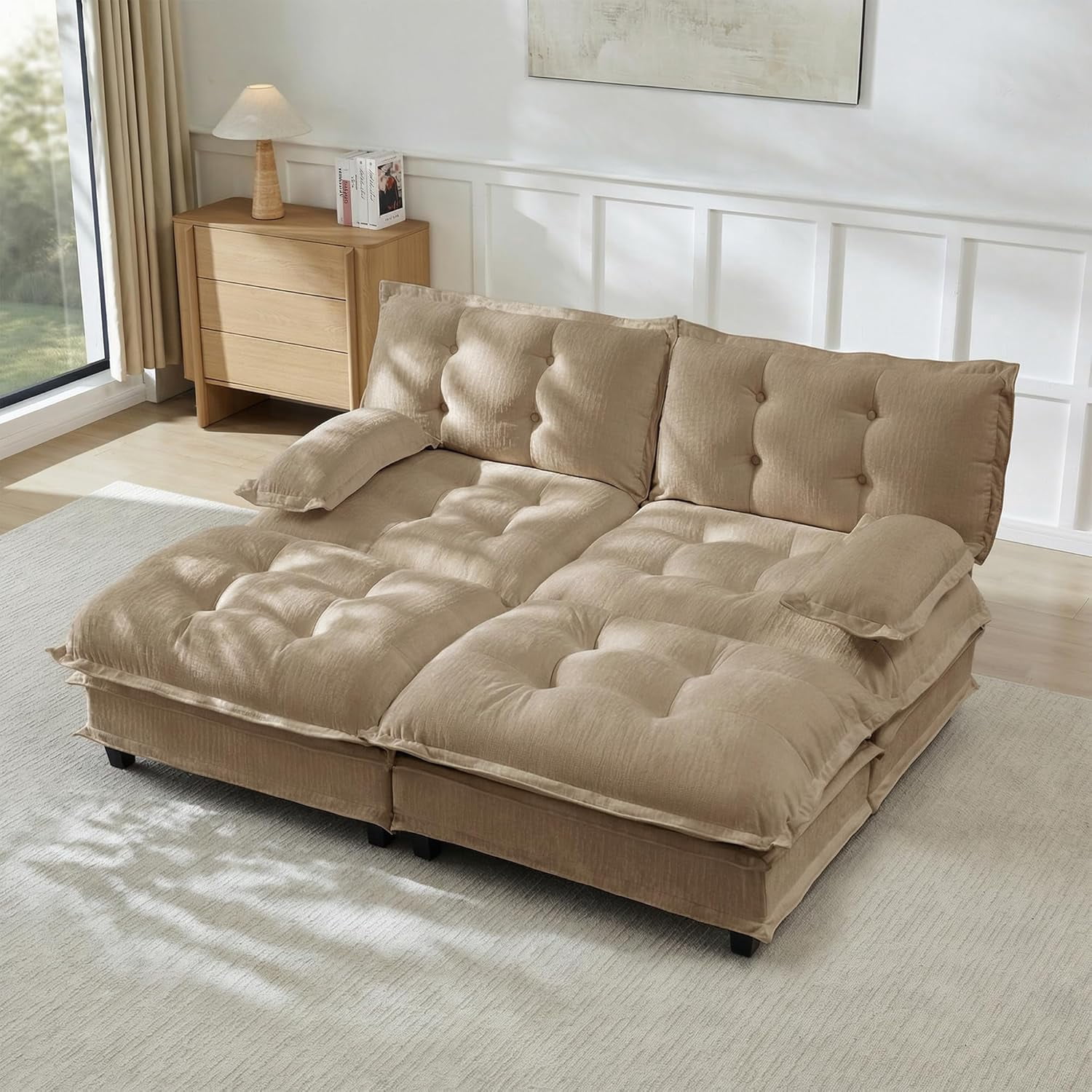 77'' Oversized Chaise Lounge, Chenille Loveseat with 2 Ottomans, Comfy Sleeper Sofa Bed, Modern Tufted Back Sectional Couches, Pillow Arms, for Living Room, Apartment, Offices, Camel