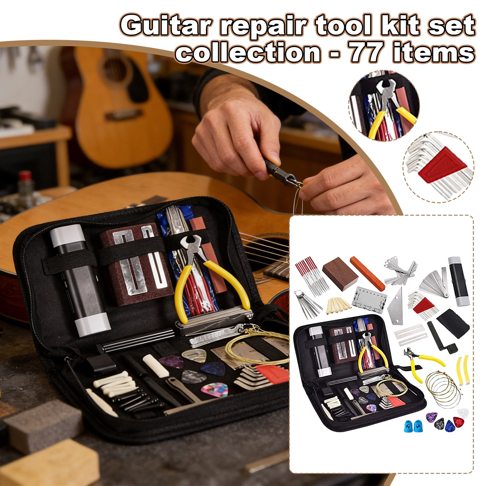 77 Pcs Guitar Repair Tool Kit for Acoustic and Electric Guitar Maintenance Luthier Setup Measuring Tools with Action Ruler Files and Carrying Case