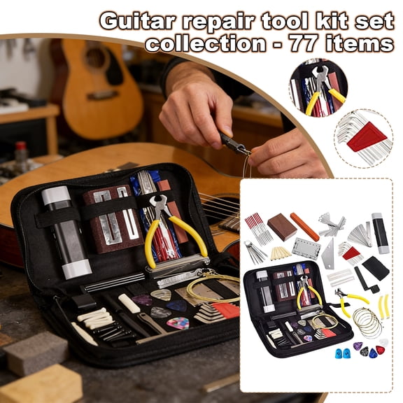 77 Pcs Guitar Repair Tool Kit for Acoustic and Electric Guitar Maintenance Luthier Setup Measuring Tools with Action Ruler Files and Carrying Case