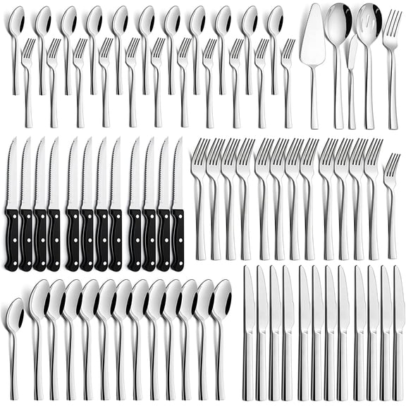 77-Piece Silverware Set with Steak Knives, Solid Stainless Steel Flatware Utensils, Modern Elegant Cutlery Tableware Set, Attach Serving Set, Mirror Polished, Dishwasher Safe-Service for 12
