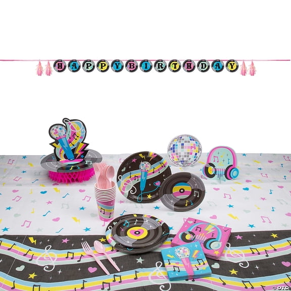 77 Pieces Birthday Beats Disco Party Disposable Tableware Kit for 8 Guests