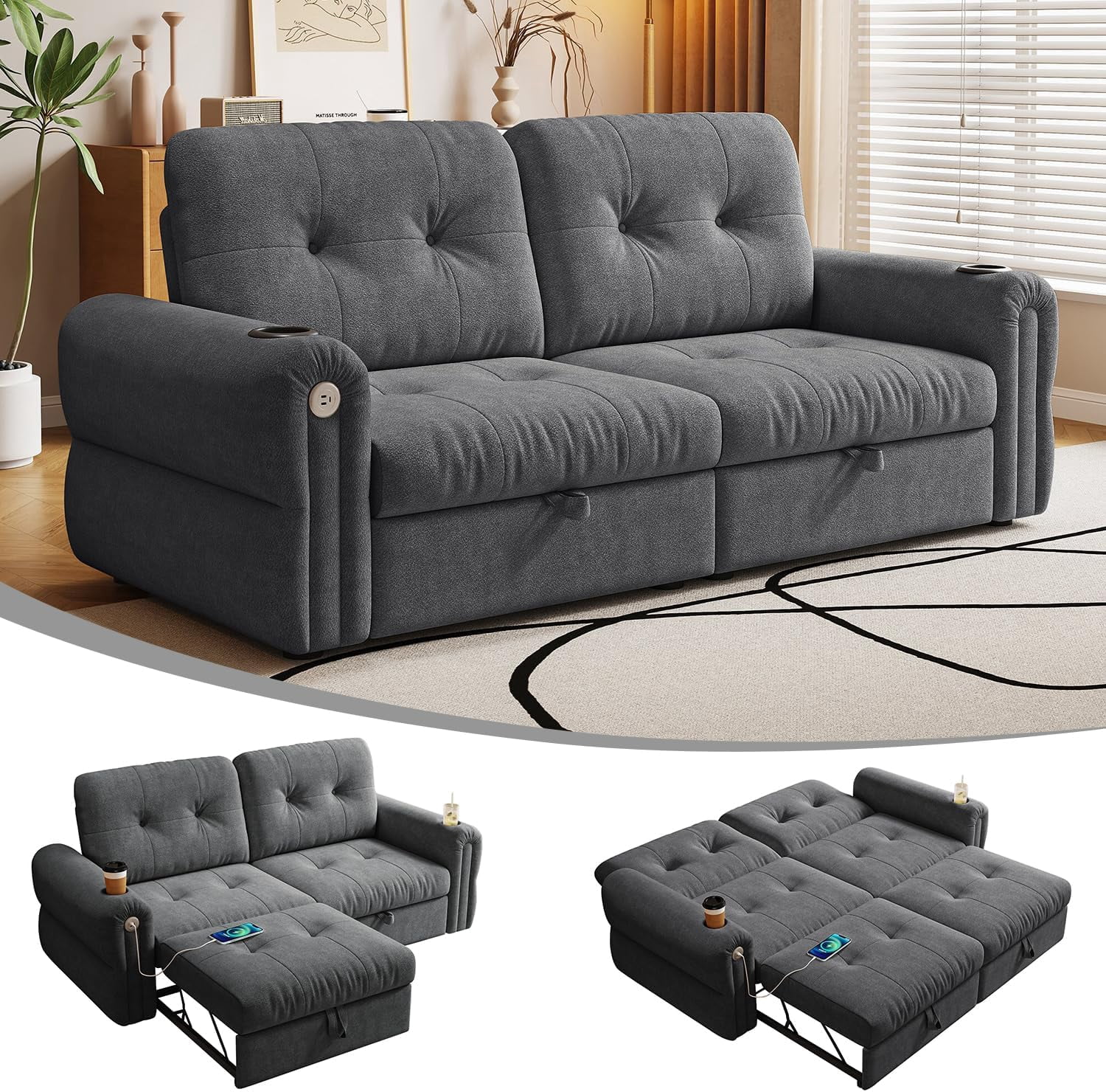 77" Queen Size 3-in-1 Convertible Sleeper Sofa Bed, Chenille Couch with Adjustable Backrest, Cup Holders & USB Ports