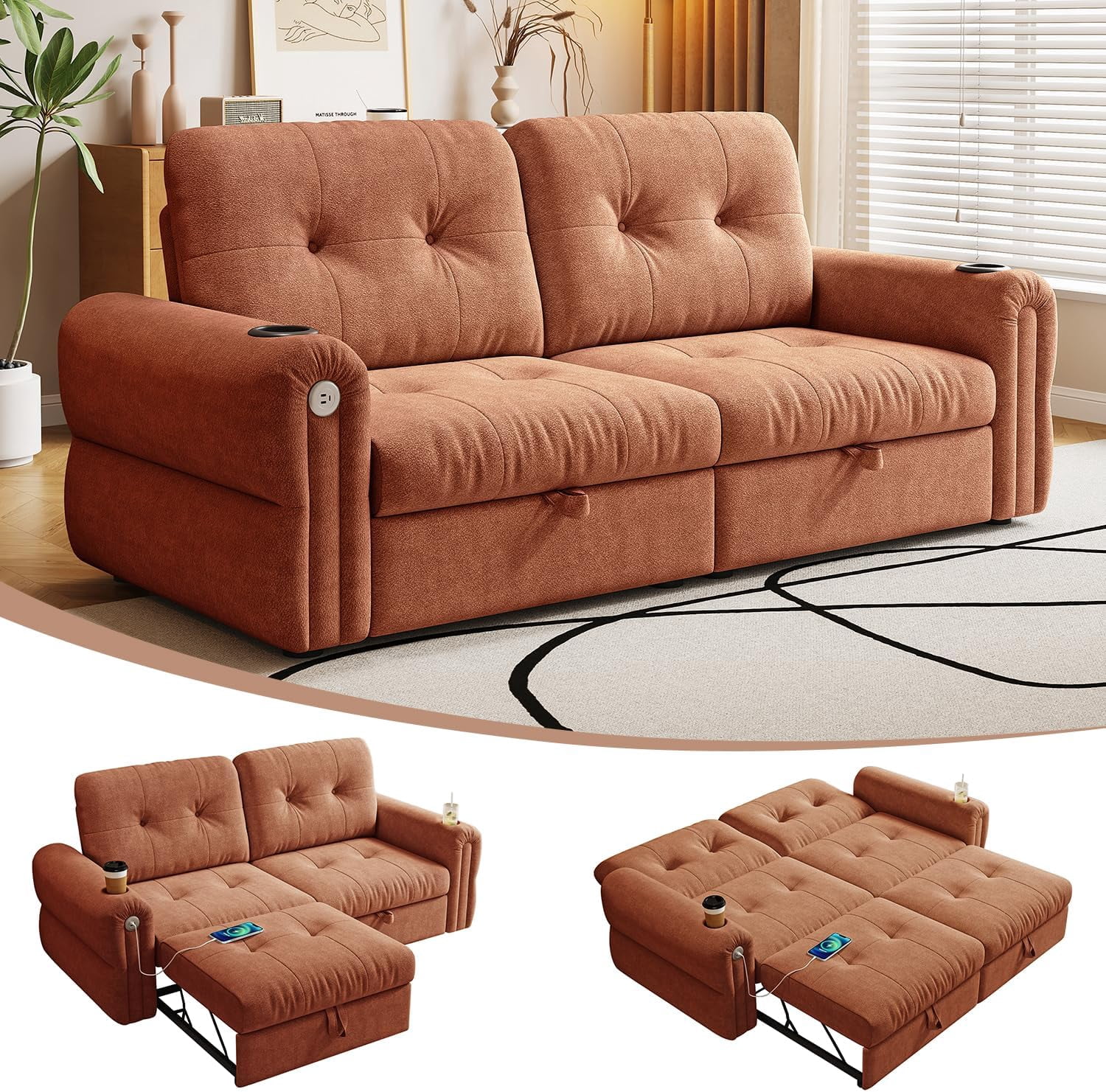 77" Queen Size 3-in-1 Convertible Sleeper Sofa Bed, Chenille Couch with Adjustable Backrest, Cup Holders & USB Ports