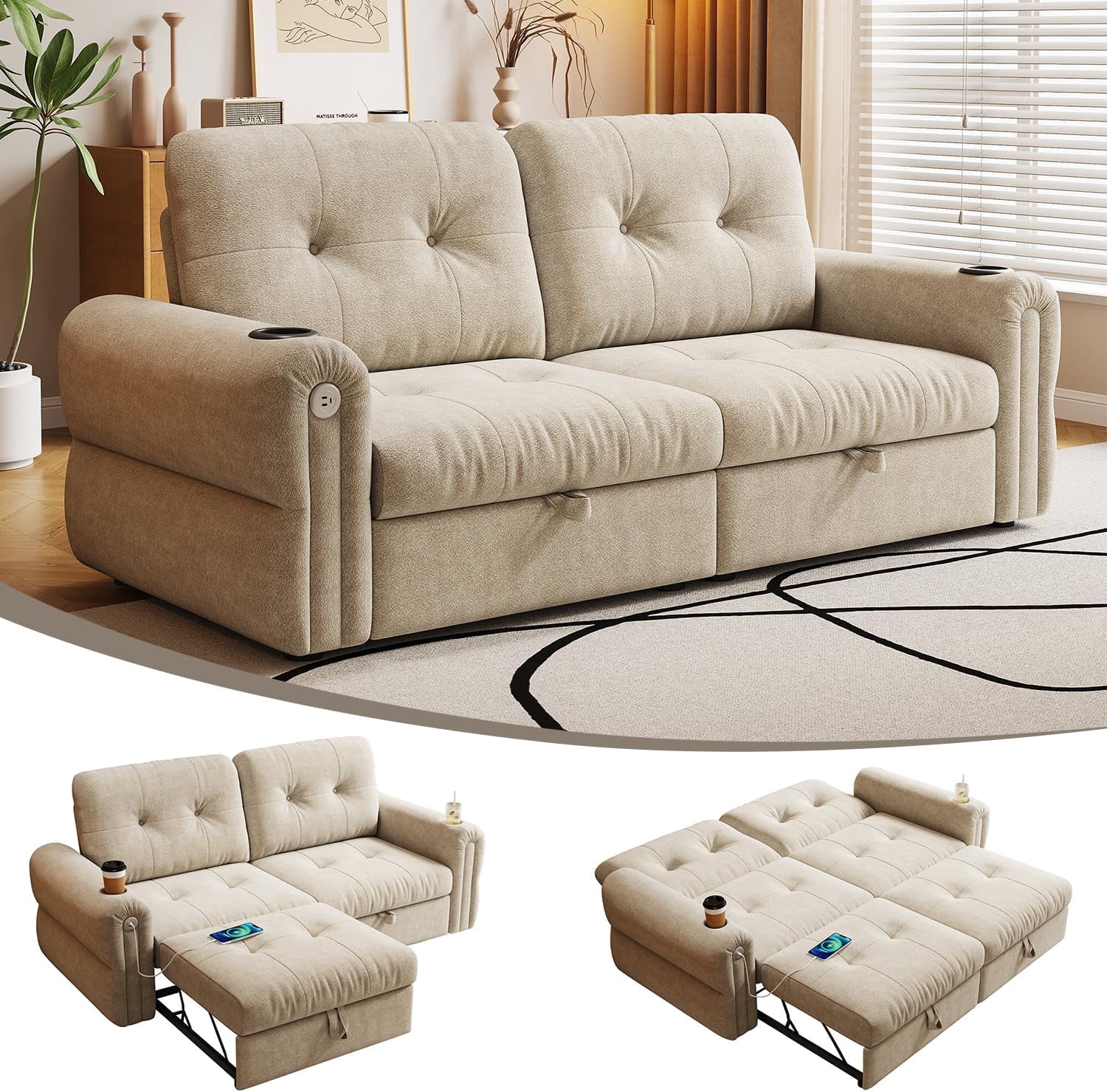 77" Queen Size 3-in-1 Convertible Sleeper Sofa Bed, Chenille Couch with Adjustable Backrest, Cup Holders & USB Ports