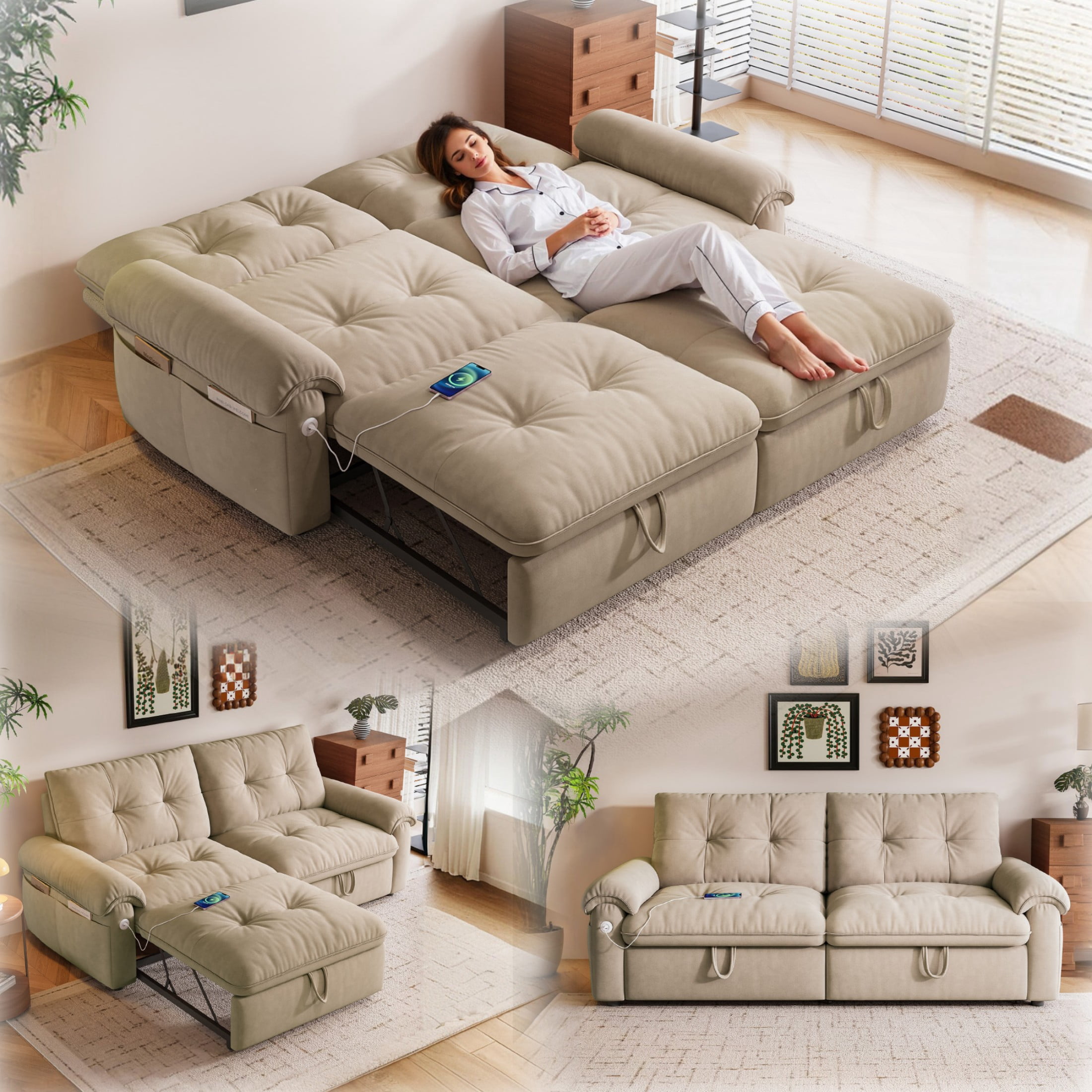 77" Queen Size Sofa Bed, Loveseat Sleeper Sofa with Pull Out Bed, Pockets and USB, Modern 2 Seater Convertible Small Couch for Living Room Bedroom Apartment, Brown