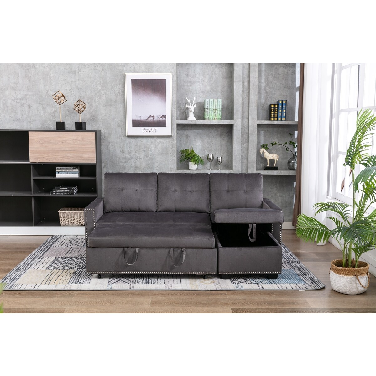 77" Reversible Sectional Storage Sleeper Sofa Bed , LShape 2 Seat