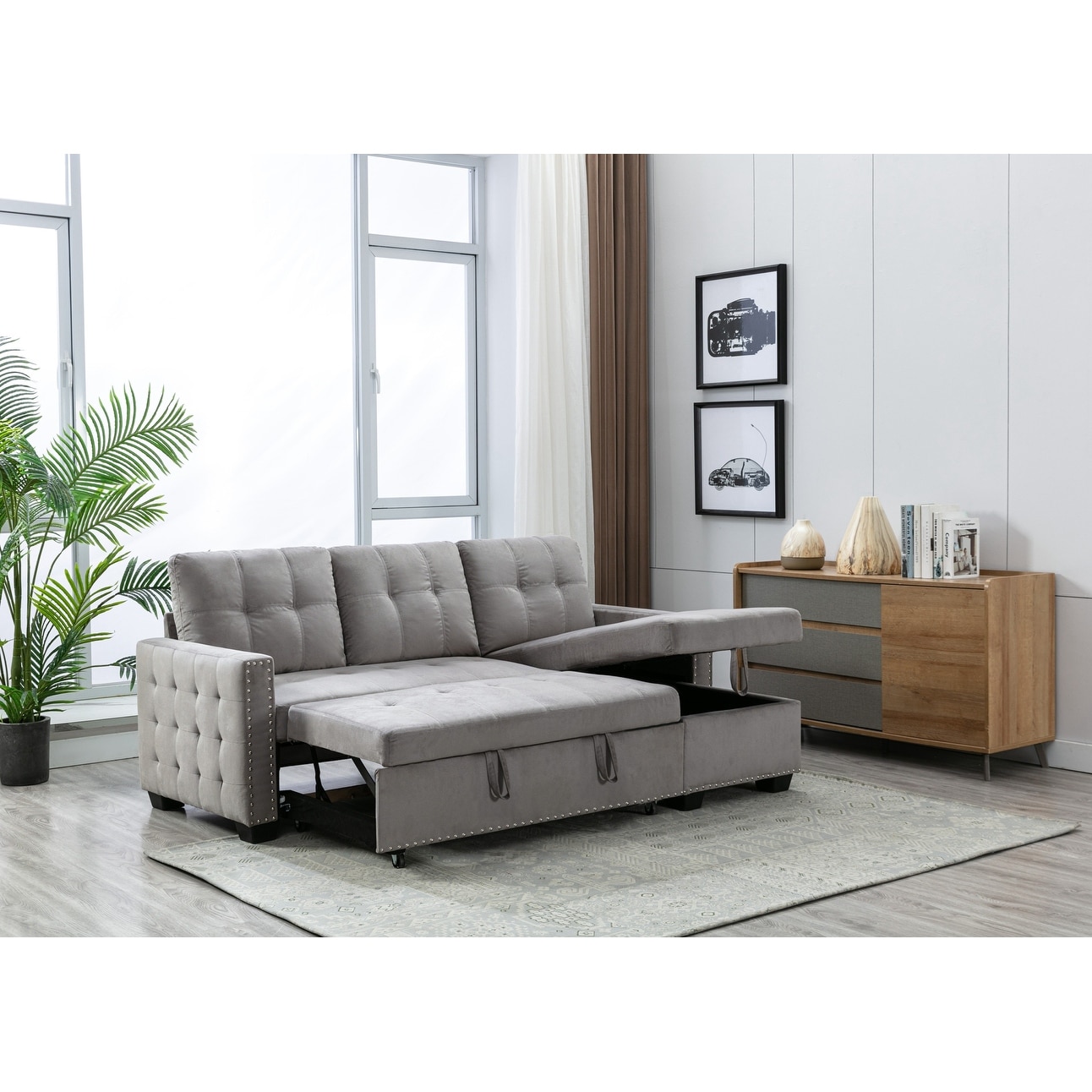 77" Reversible Sectional Storage Sleeper Sofa Bed , LShape 2 Seat