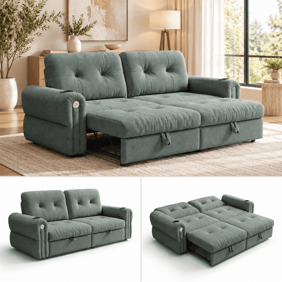 77" Sleeper Sofa Bed, Convertible Pull Out Couch, Chenille L Shaped Couch Bed with Adjustable Backrest & USB Ports, Small Space Apartment Loveseat Sofa for Living Room (Green)