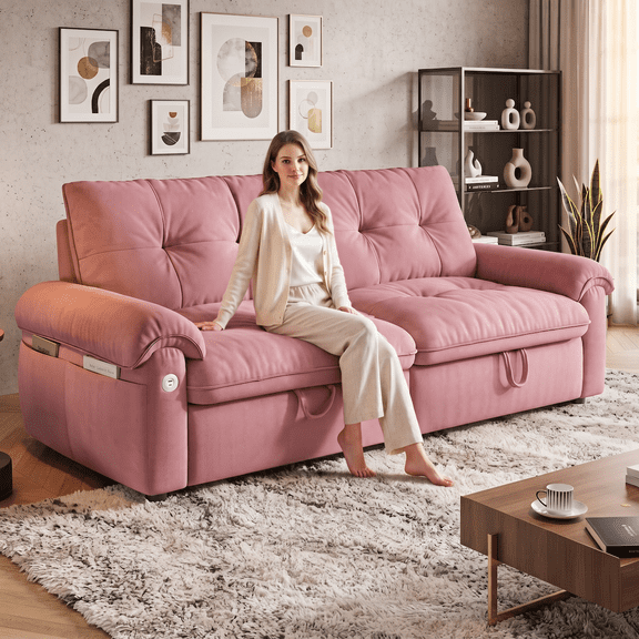 Xiweot 77" Sleeper Sofa Bed, Convertible Pull Out Couch, Velvet Fabric L Shaped Couch Bed with Adjustable Backrest, USB Ports & Side Pocket, Small Space Apartment Loveseat Sofa for Living Room (Pink)