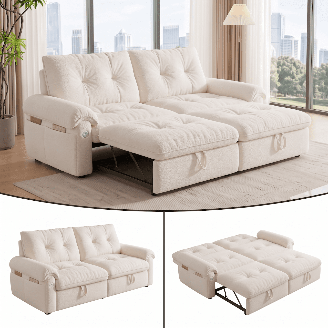 Xiweot Convertible Sleeper Sofa Bed, 77" Queen Size Pull Out Couch Bed with Adjustable Backrest, USB Ports & Side Pocket, Velvet Loveseat Sleeper for Living Room Small Space (Beige)