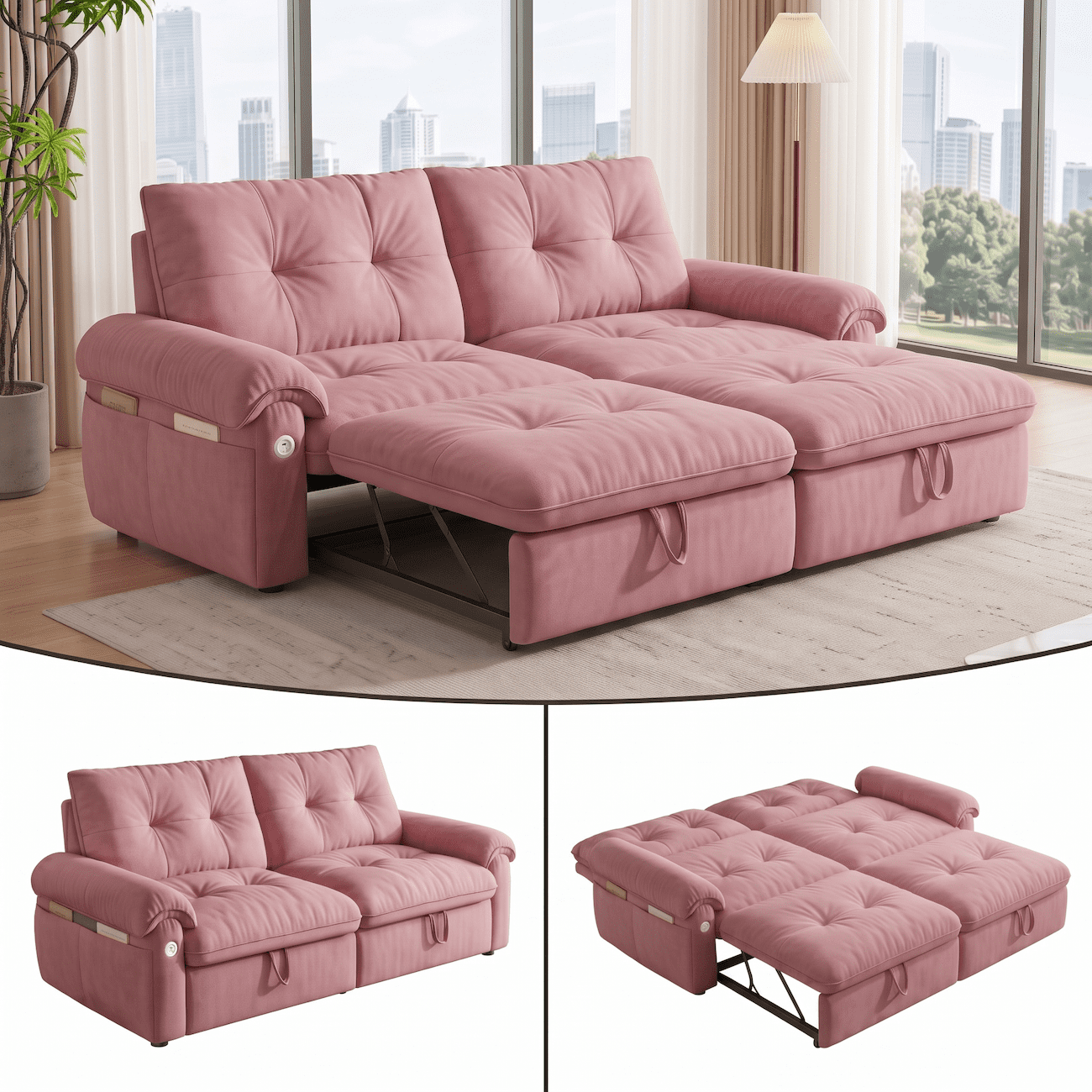Xiweot Convertible Sleeper Sofa Bed, 77" Queen Size Pull Out Couch Bed with Adjustable Backrest, USB Ports & Side Pocket, Velvet Loveseat Sleeper for Living Room Small Space (Pink)