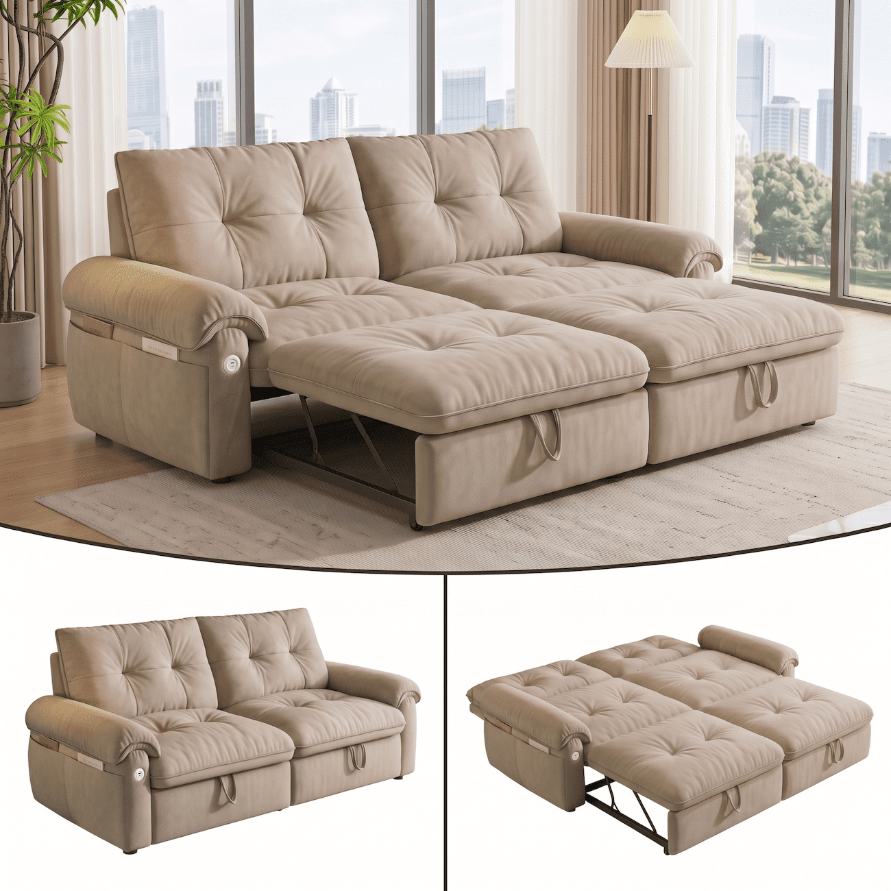 Xiweot Convertible Sleeper Sofa Bed, 77" Queen Size Pull Out Couch Bed with Adjustable Backrest, USB Ports & Side Pocket, Velvet Loveseat Sleeper for Living Room Small Space (Brown)