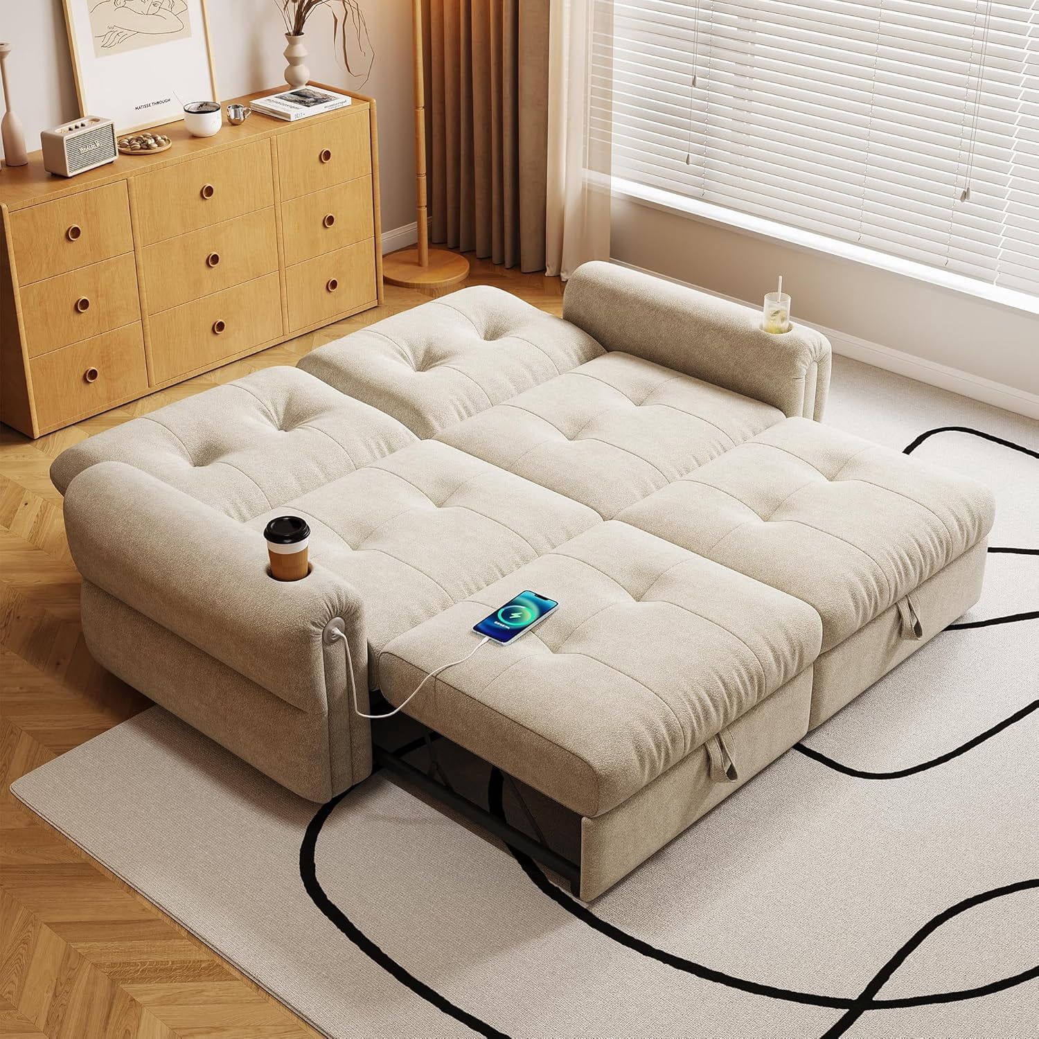 77'' Sleeper Sofa Bed Full Size, Chenille Futon Couches, Convertible Pull Out Couch, 5min Assembly, Adjustable Backrest,USB,2 Cup Holders, Loveseat for Small Space, Living Room, Light Brown