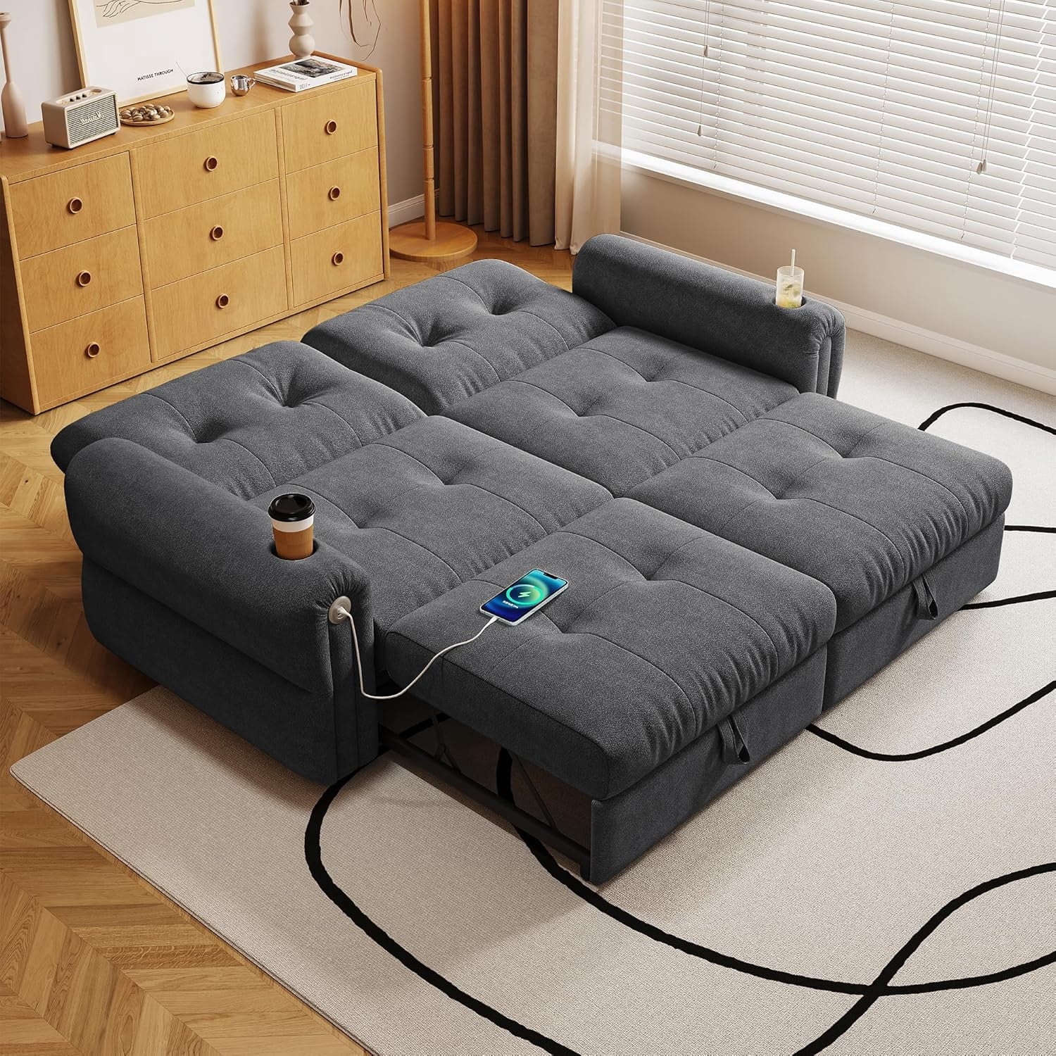 77'' Sleeper Sofa Bed Full Size, Chenille Futon Couches, Convertible Pull Out Couch, 5min Assembly, Adjustable Backrest, USB, 2 Cup Holders, Loveseat for Small Space, Living Room, Dark Gray