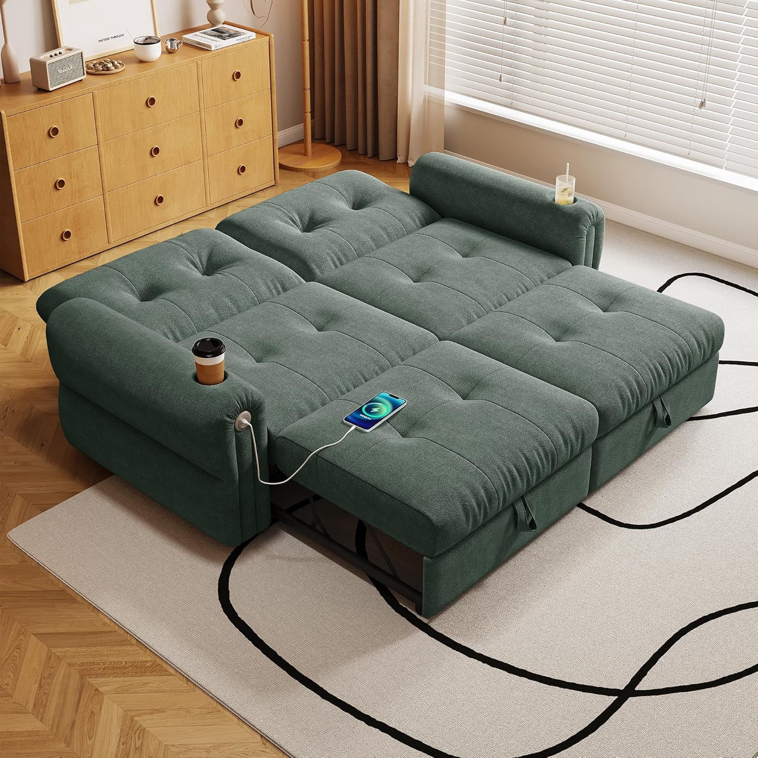 77'' Sleeper Sofa Bed Full Size, Chenille Futon Couches, Convertible Pull Out Couch, 5min Assembly, Adjustable Backrest, USB, 2 Cup Holders, Loveseat for Small Space, Living Room, Green