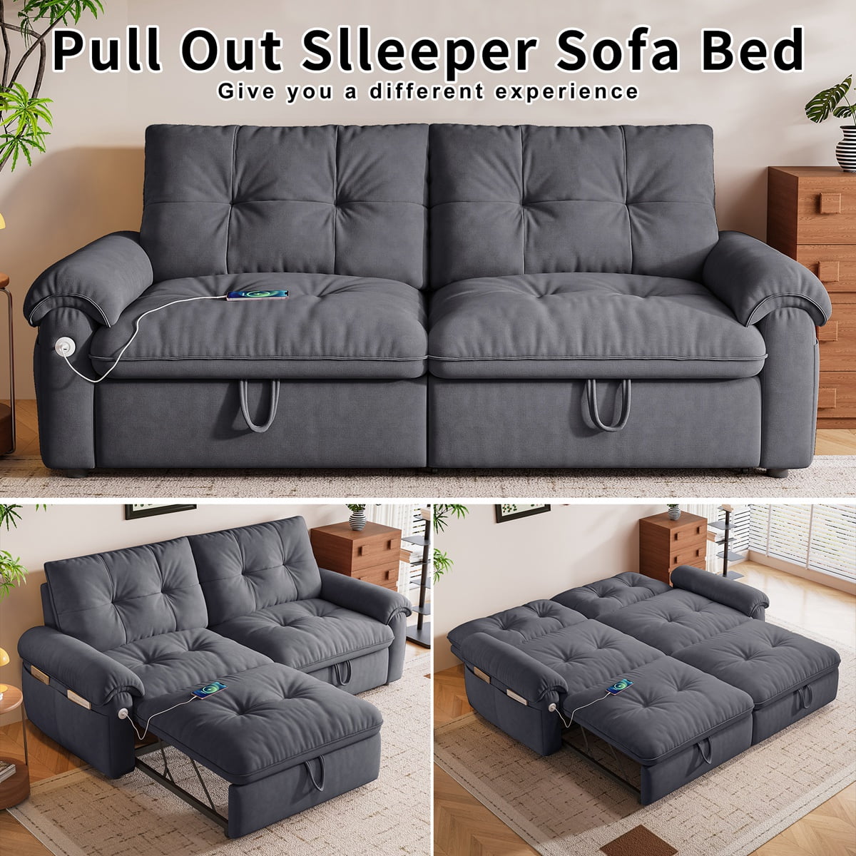 77.2'' Sleeper Sofa Bed Full Size, Flannel L Shaped Futon Couches, Modern Pull Out Couch, Comfy 3 In 1 Convertible Sofa, Loveseat, USB & Side Pockets, for Small Space, Living Room, Dark Gray