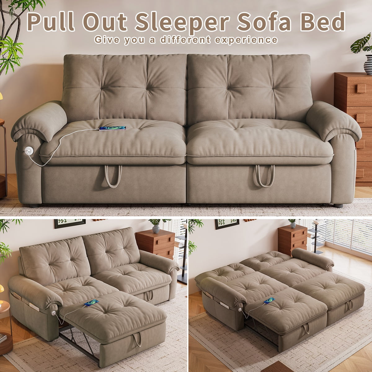 77.2'' Sleeper Sofa Bed Full Size, Flannel L Shaped Futon Couches, Modern Pull Out Couch, Comfy 3 In 1 Convertible Sofa, Loveseat, USB & Side Pockets, for Small Space, Living Room,Brown