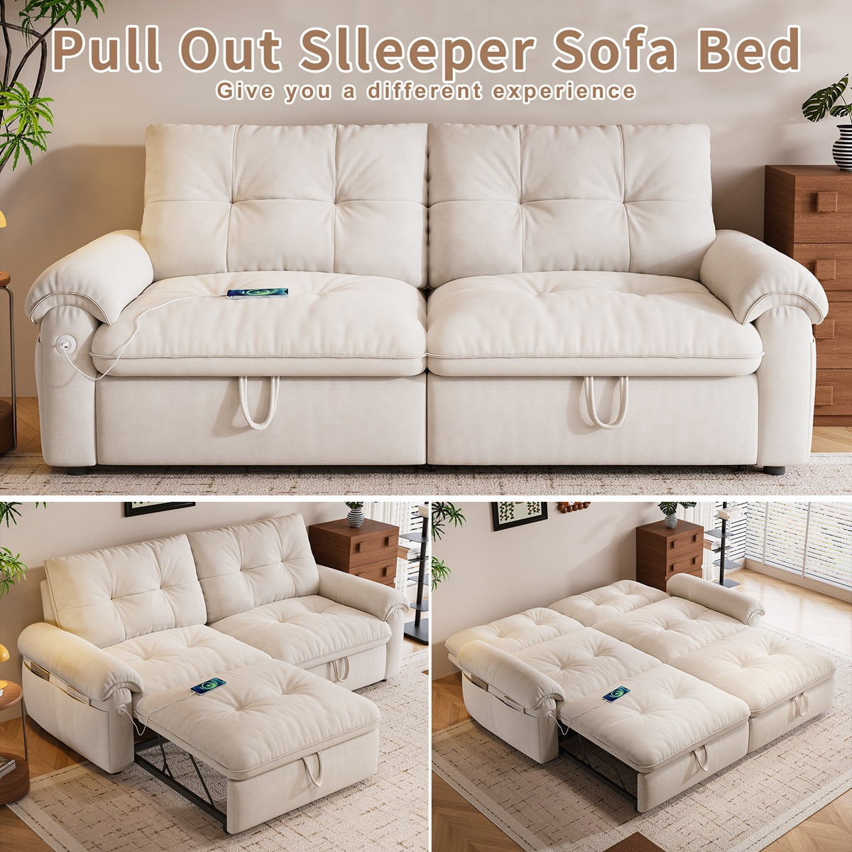 77.2'' Sleeper Sofa Bed Full Size, Flannel L Shaped Futon Couches, Modern Pull Out Couch, Comfy 3 In 1 Convertible Sofa, Loveseat, USB & Side Pockets, for Small Space, Living Room, Beige