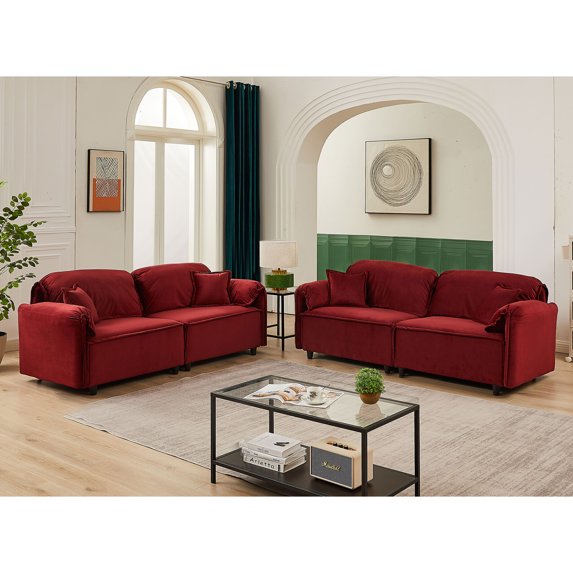 77" Velvet 3 Seater Sofa Set of 2, Mid Century Modern Upholstered Comfy Couches with Thicken Cushion & 2 Lumbar Pillows, Sleeper Sofas for Living Room Bedroom Office Apartment, Red