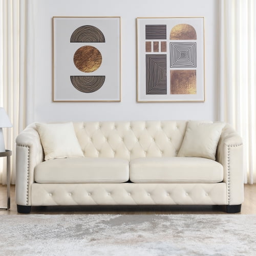 77" Velvet Tufted Oversized Chesterfield Sofa Couch, Sofas For Living Room with nailhead trim, Oversized Modular Sofa with solid wood frame for apartment office, Beige