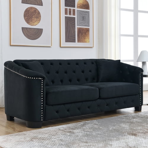 77" Velvet Tufted Oversized Chesterfield Sofa Couch, Sofas For Living Room with nailhead trim, Oversized Modular Sofa with solid wood frame for apartment office, Black