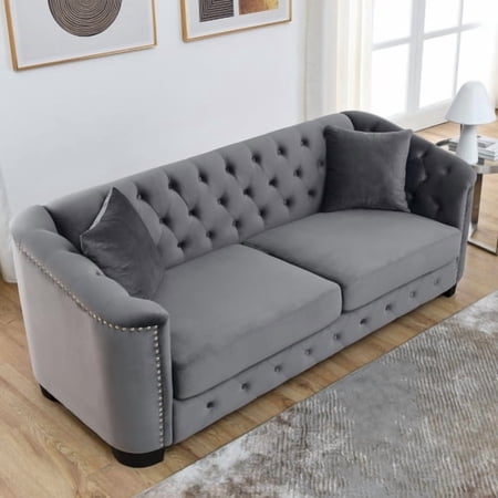 77" Velvet Tufted Oversized Chesterfield Sofa Couch, Sofas For Living Room with nailhead trim, Oversized Modular Sofa with solid wood frame for apartment office, Grey