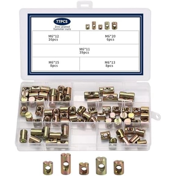 77 count M6 Barrel Nuts, Dowel Joint Nuts, Metric Slotted Barrel Nut Set, Hammer Embedded Nut for Bed and Chairs Furniture