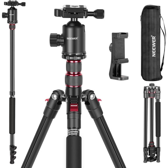 77 inch Camera Tripod Monopod for DSLR, Phone with 360 Panoramic Ball Head, 2 Axis Center Column, Arca Type QR Plate, Bag, Compact Aluminum Lightweight Travel Tripod 34lb Max Load, TP77