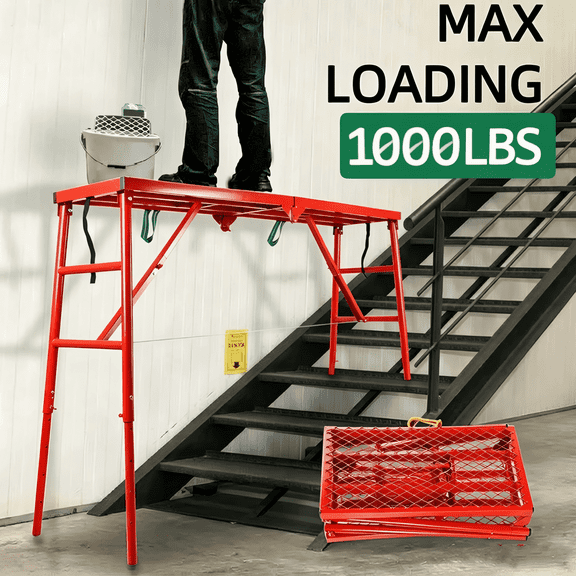 QUHEE 770 LBS Heavy-Duty Scaffolding Work Platform, 5-Level Height Adjustable Foldable Scaffold with Non-Slip Mesh & Reinforced Hinge for Indoor & Outdoor Construction