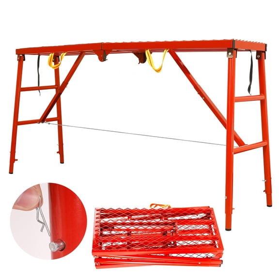 770 Lbs Capacity Scaffolding Platform,Industrial Step Ladders With Adjustable Height,Folding Portable Work Platform For Heavy Duty Use,Foldable Scaffolding Platform For Renovation,Red