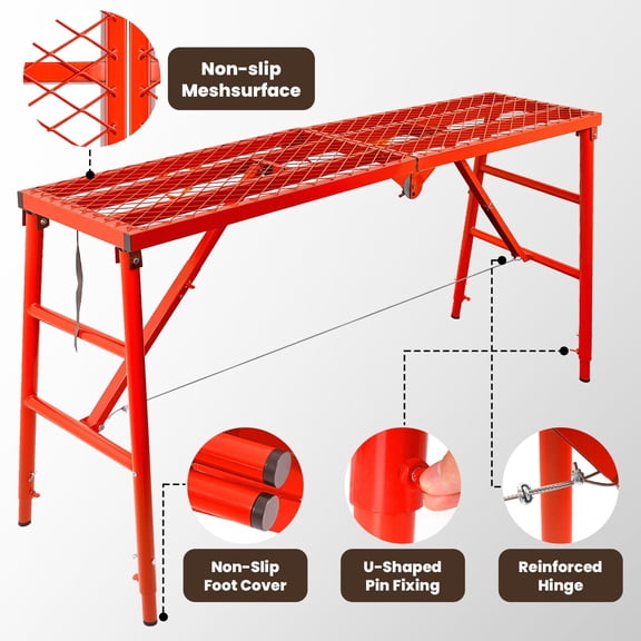 770 lbs Foldable Scaffolding Platform, Heavy Duty Portable Work Platform 70x15 in, AntiSlip Grid for Painting & Decoration, Red