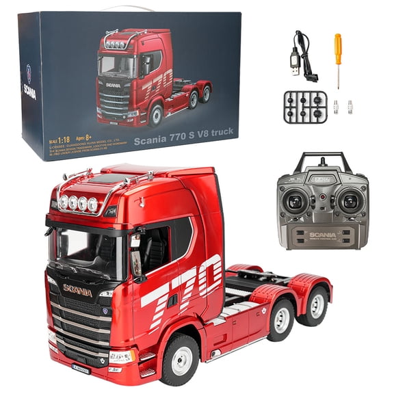 770S RC Semi Truck 1/18 Scale 6x4 Tractor Hauler With 2.4GHz Remote Control LED Lighting Sound Effects Rechargeable Collector Hobby Grade Vehicle( Red / 1501 )