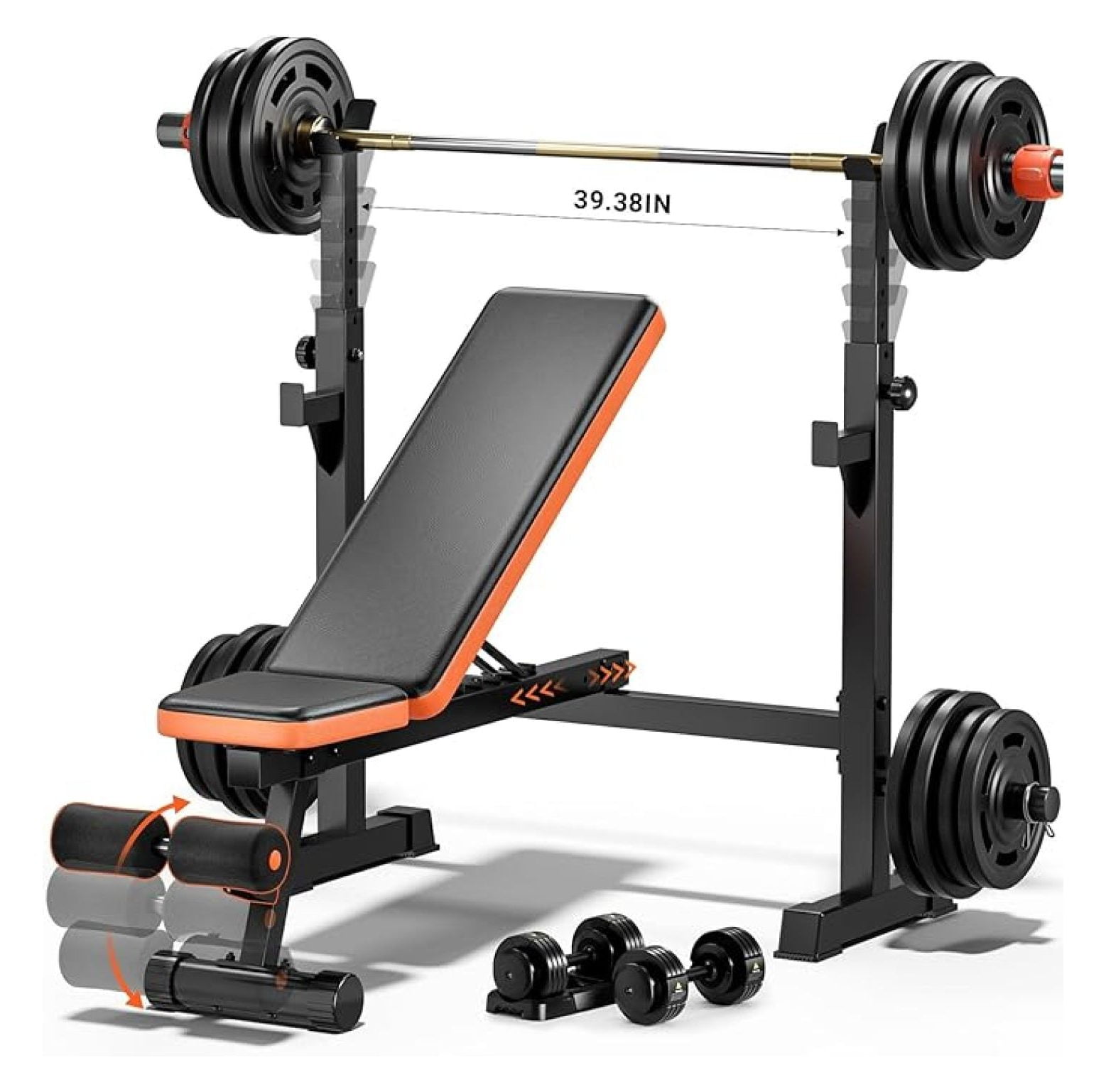 770lbs Weight Set with Squat Rack, 5 in 1 Workout Press With Removable Foot Catch, Adjustable Flat Incline Sit Up for Home Gym Full Body Strength Training