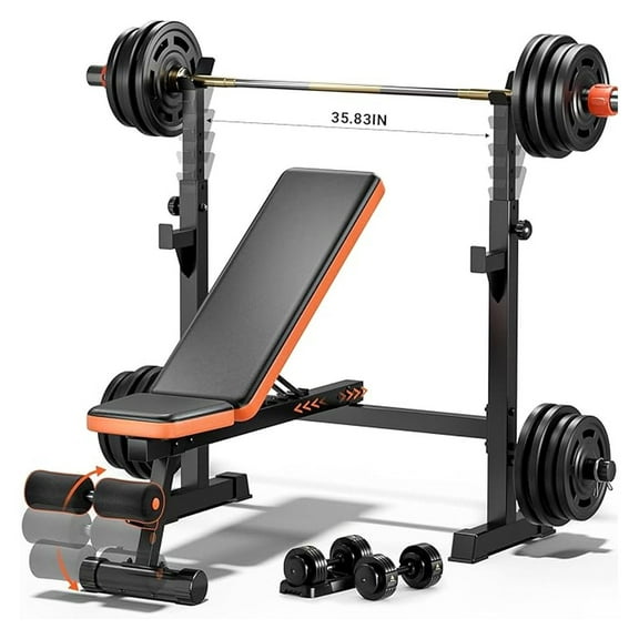 770lbs Weight Set with Squat Rack, 5 in 1 Workout Press With Removable Foot Catch, Adjustable Flat Incline Sit Up for Home Gym Full Body Strength Training