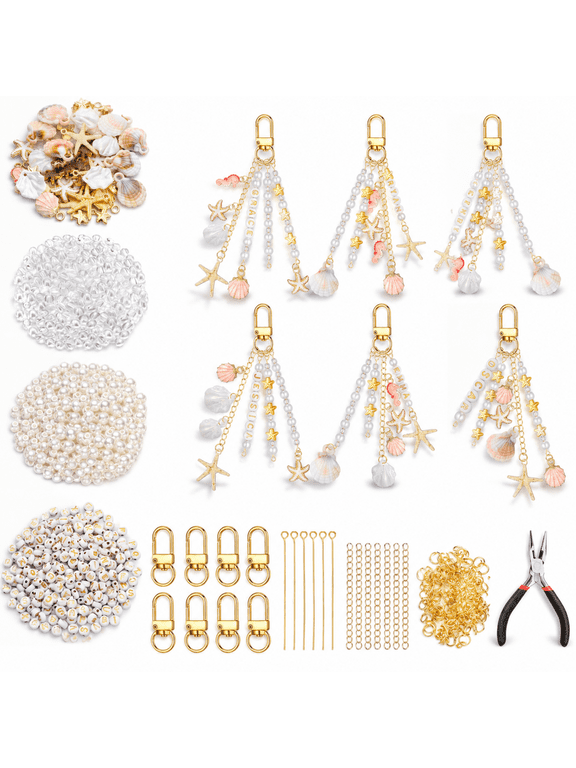 776 Pcs Beach Seashell Bag Charm Making Kit, Ocean Coastal DIY Keychain Set with Letter Beads, Pearl Beads, Charms, Clips and Pliers for Backpacks Purses Totes Crafts, Pink Gold Sweet Style