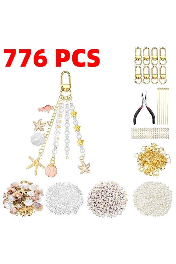 776PCS Ocean Keychain Making Kit with Charms, Seashell Starfish Pearl Letter Name Beads Custom Keychains with Tools, DIY Key Chain Kit for Beginners